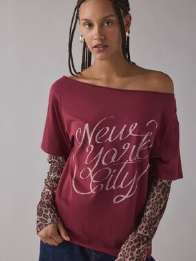 Urban Outfitters Burgundy Short-Sleeve Tee with Leopard-Print Long Sleeves